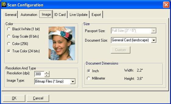 Application Configuration Image File Tab 39 Image file tab Figure 18: Scan Configuration Image Properties Overview This screen allows you to set the saved image color scheme and resolution.