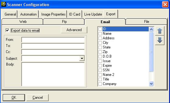 Application Configuration Export Tab - Email 47 Mail The mail export function is designed to mail the last saved record to a predefined email recipient.