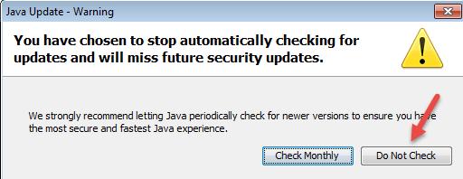 10. Make sure the box is not checked and click OK. 11. Click OK to close the Java Control Panel.