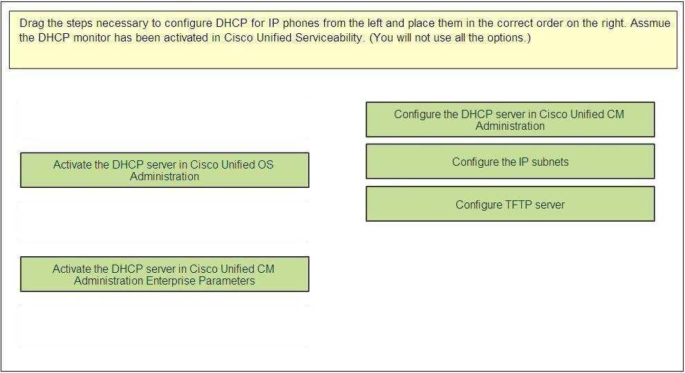 Section: CUCM Administration /Reference: ok. 2-11 Steps to Configure DHCP Phone Support 1. Activate the DHCP Monitor Service. 2. Add and configure the DHCP server. 3. Configure the DHCP subnets.