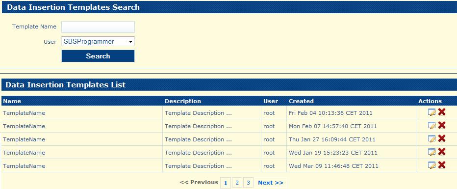 of Insertion Templates is displayed: The options on this page are: Field: Properties Additional Information: Search - Name