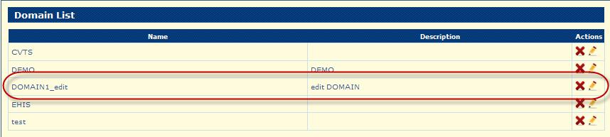Edit Domain Example: - select a domain DOMAIN1 click on - edit button - edit displayed data: Name = DOMAIN1_edit Description = edit Domain -
