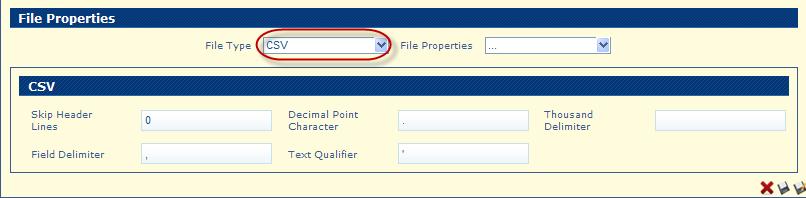 Import Dataset CSV File Properties details For CSV files, the file properties are: Skip header lines, Field delimiter, Text qualifier, Decimal character, Thousand delimiters, Header Definition and