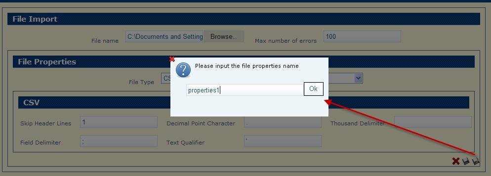 After clicking Ok button the properties of the file introduced on the page will be saved in the list.
