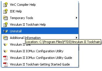 4 Uninstalling Vinculum-II Toolchain Navigate to the directory where the Vinculum-II toolchain has been installed and double click uninstall.
