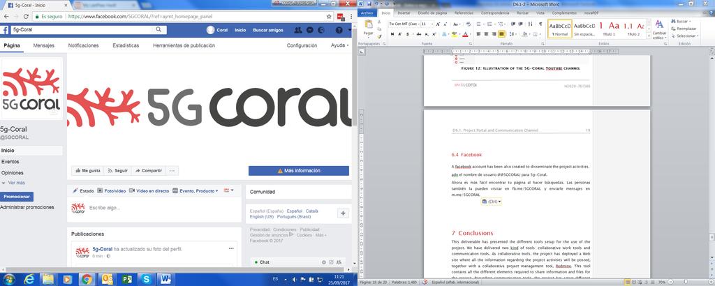 D6.1. Project Portal and Communication Channel 17 6.4 Facebook A facebook account has been also created to disseminate the project activities. The account name is @5GCORAL.