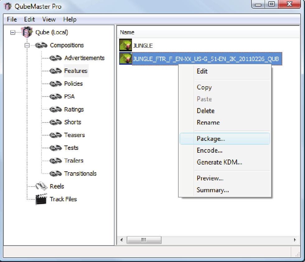 Qubemaster PrO 97 Package To package a DCP, right click on the encoded Composition icon and select Package.