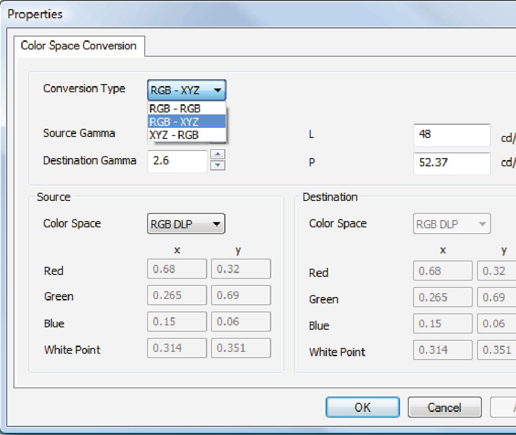 Double click Color Space Conversion to activate the Color Space Properties dialog box.