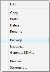26 Workflows Packaging To create a DCP, right click on the QubeMaster Pro Composition icon and select Package. Package activates the Packager dialog box.