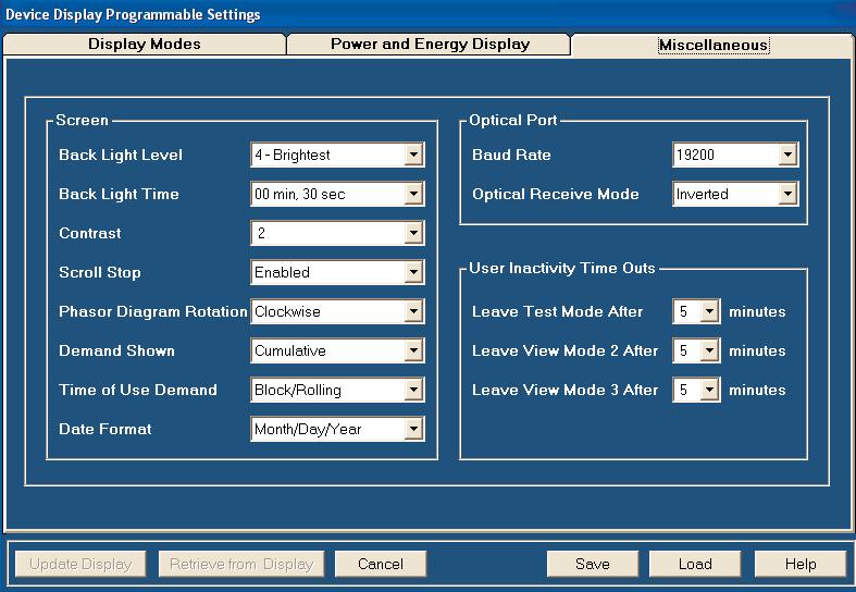 NOTES: Settings on this screen control the display of energy related numbers. Care should be given to match the values on the display with those in the historical logs.