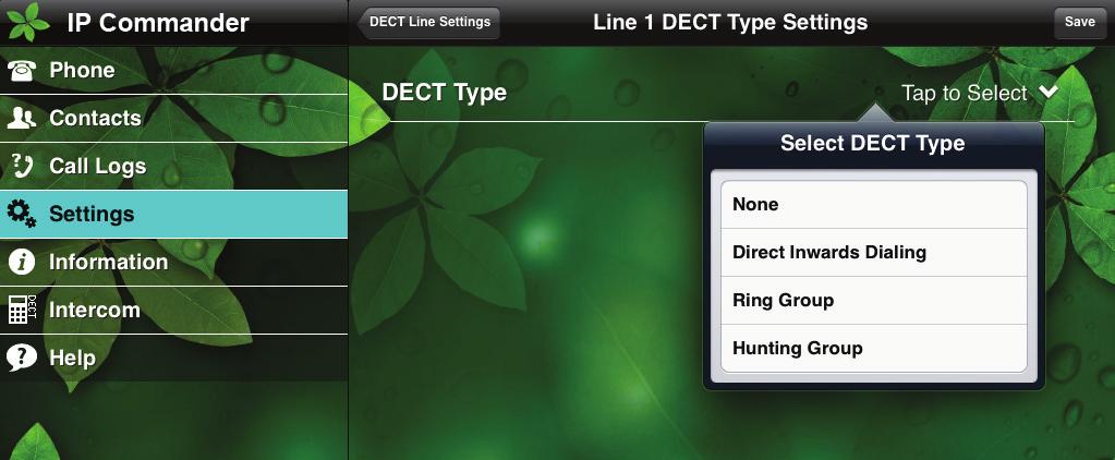 Settings -> DEC Settings ->DECT Line Settings -> Line x -> Tap to Select -> (Ring Group) or (Hunting Group) Select Handsets for Line 1 Ring or Hunting Group 5.