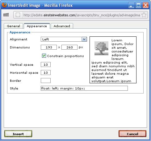 Inserting an Image 3 Click the Alignment drop down under the Appearance tab and select Left. Notice how the preview image changes with your settings.