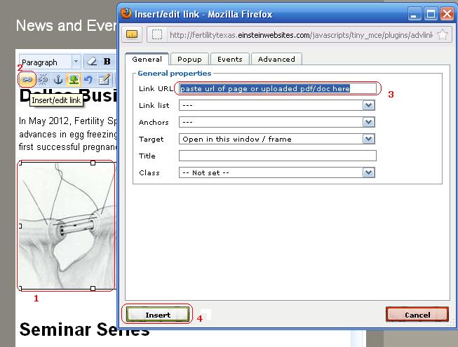Creating a Hyperlink 3 To make an image a hyperlink, first select the image(1) and click the Insert/edit link button(2).