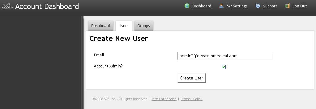 Users Adding a New User To add a new user, click the Dashboard link. Then click the Users tab and click Create a New User at the top of the page.