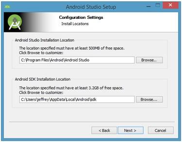 After licence agreement, configuration setting dialog will shown to change the installation locations for Android Studio and the Android SDK.