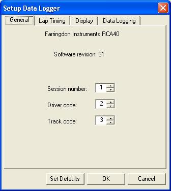 Figure 28 - Setup Data Logger Dialog (General Page) The model and software revision of the lap timer are displayed at the top of the page.