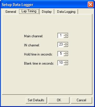 8.1.3 Lap Timing Click the Lap Timing tab to display the Lap Timing page ( Figure 29) of the Setup Data Logger Dialog.