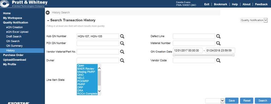 QN History Search The QN History Search feature provides an audit trail of QNs. To search: 1. From the Navigation Tree, go to Quality Notification then History. 2. Enter or select search criteria.