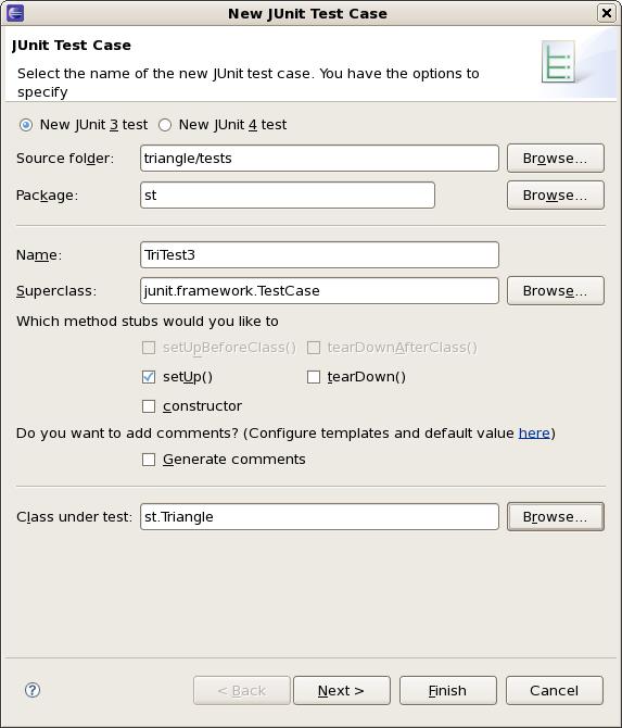 JUnit in Eclipse To create a test class, select File New JUnit Test Case and enter the name of