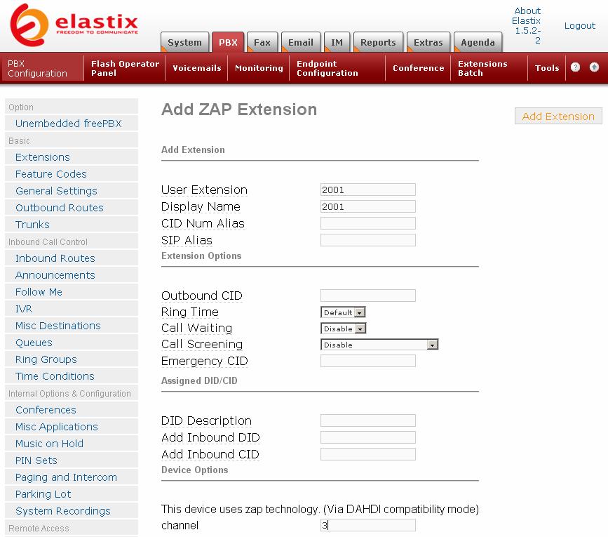 Figure 16 After that, return to the top Add an Extension to add Extension 2002. Configure it to use zap channel 4.