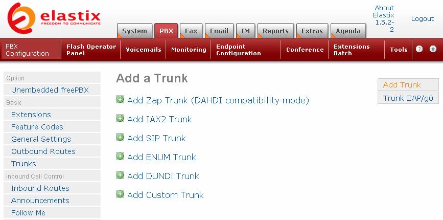 Step2: Configure trunks Now there are two trunk channels on the FXM board respectively corresponding to zap channel 1 and zap channel 2. Click the item Trunks in the left navigation bar.