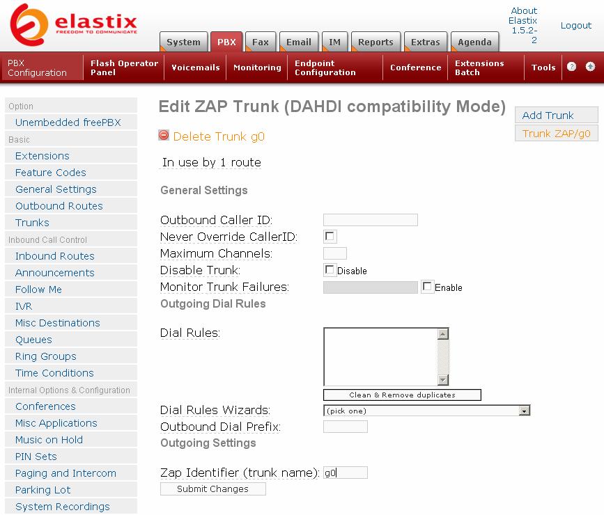 Figure 19 Then add the second trunk. Click Add a Trunk on the right and press Add Zap Trunk (DAHDI compatibility mode) (see Figure 18).