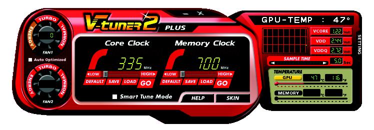 English V-Tuner 2 PLUS (Overclock and Hardware Monitor Utility) V-Tuner 2 PLUS supports monitoring of the temperature, cooling fan speed and voltage of the graphics chip and lets you adjust the