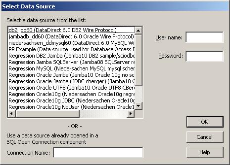 In the Pipeline Pilot Client, open the SQL component and select the Data Source parameter. The Data Source dialog opens. Use it to select a data source for configuring an SQL component.