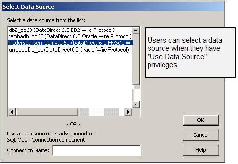 Select Data Source dialog options for end users with Use Data Source privileges.