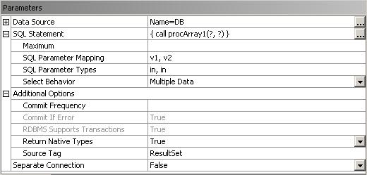 By setting the parameter to ResultSet, a numeric Source Tag property is added to each data record The property contains the number of the source result set: v1 v2 myc Source Tag myint myfloat mychar