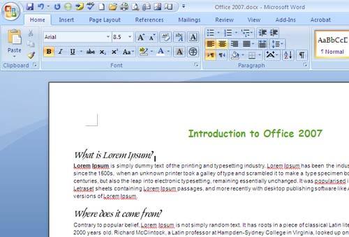 Introduction to Microsoft Office 2007 What s New follows: TABS Tabs denote general activity area. There are 7 basic tabs that run across the top.