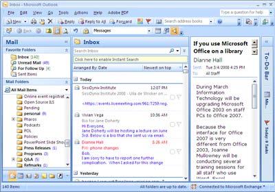 Outlook Tips The To-Do Bar New in Outlook 2007: The Ribbon - The ribbon is available when create new or reply to email messages, or calendar items, contacts, tasks or journal entries.
