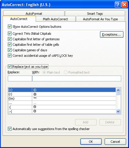 Figure 6. Autocorrect dialog 6. In the Replace field type ACU 7. In the With field type AUC 8. Click on Add 9. Click on OK From the same dialog 1. In the Replace field type * AUC 2.