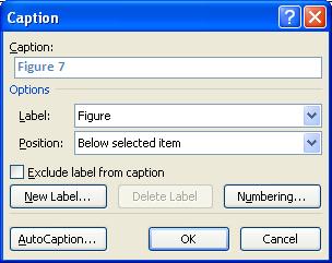 4. Select the correct setting from options i.e. select whether the label is for a table, a figure or an equation 5. Select the position of the caption 6. Click on OK Figure 7.