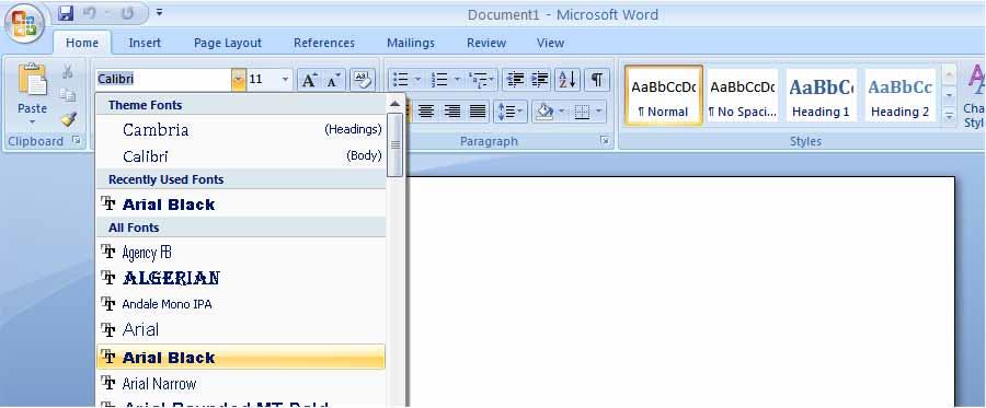 Font type Open a document called Text formatting. By default Microsoft Word 2007 uses a font called Calibri. Make sure that the Home tab is displayed.