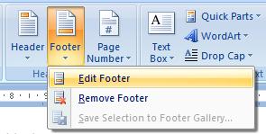 Word 2007 Foundation - Page 63 To insert a footer, click on the Footer icon and select the Edit Footer command. Type in the following text as your footer and then close the Header and Footer ribbon.