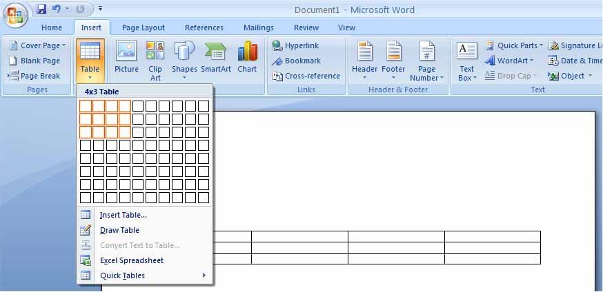 Word 2007 Foundation - Page 69 Click when you see a 4x3 Table displayed (in the area immediately above the cell drop down). The table will be inserted into the document, as illustrated.