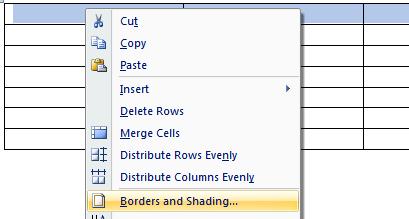 To modify the cell border widths of the selected cells, right click over the selected cells and from the popup menu displayed select the Borders and Shading command.