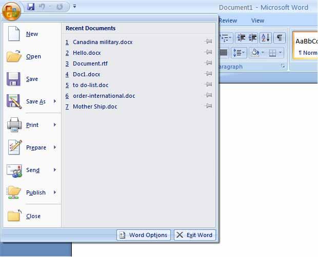 Word 2007 Foundation - Page 9 Within the dialog box displayed are common commands such as Open (for opening a Microsoft Word document stored on your hard disk), Save (for saving a Microsoft Word