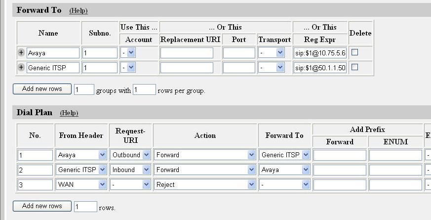 SIP Traffic Dial Plan Page (Part 2) In the Forward To section, two separate forwarding criteria are defined.