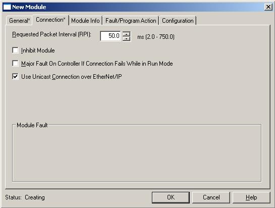 Configure the Adapter for Direct Connection and Rack Optimization in RSLogix 5000 Software Chapter 5 5. Select the Connection tab to set the RPI value.