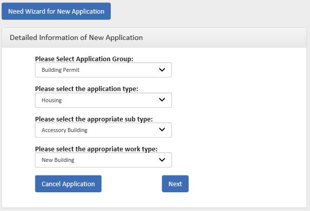 Choose the appropriate application group (Building Permit), application type, sub type and work type from the provided lists. When complete select the Next button.