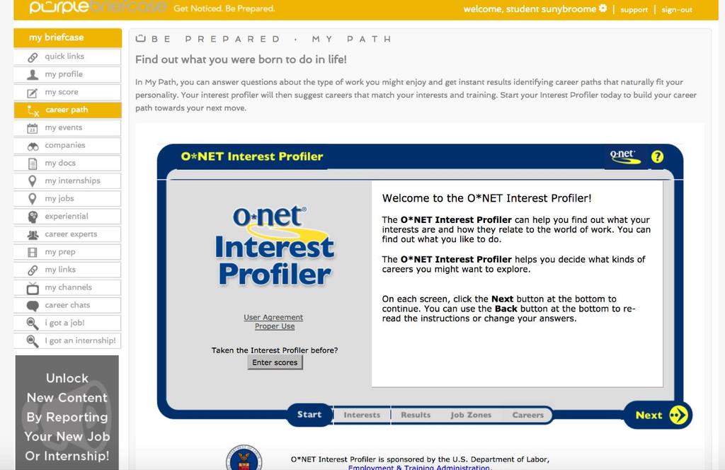 10. Click on Career Path to use the O*Net Interest Profiler.