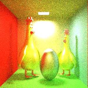 CHAPTER 2. RUSSIAN ROULETTE 24 Figure 2.4: Cornell Chickens rendered by path tracing with classical Russian roulette (left), and using incoming radiance estimation (right).