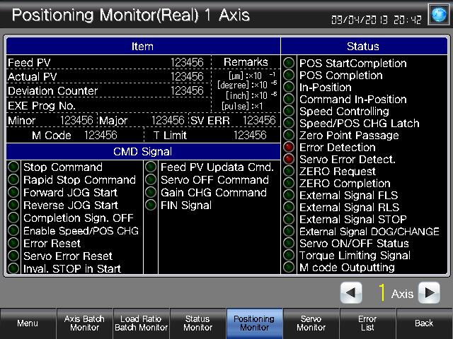 5.3.5 Positioning Monitor (Real) (B-30041) 1 7 8 3 2 4 5 6 Outline This screen allows monitoring of the axis statuses in the real mode for a maximum of 32 axes with 1 axis displayed in a single page.