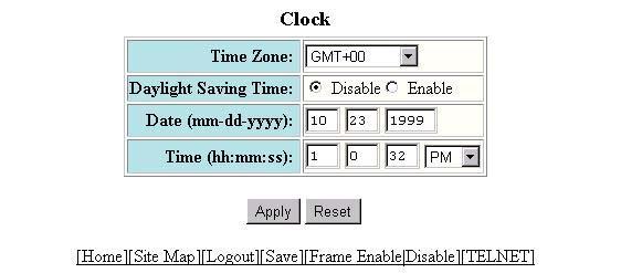 Configuring Basic Features 2. Select the Clock link to display the Clock panel, shown below. 3. Select the time zone by selecting the offset from Greenwich Mean Time that applies to your time zone.