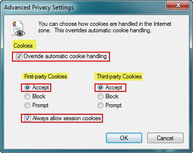 Select the Override automatic cookie handling check box. For both the First-party and Third-party Cookies, select Accept.