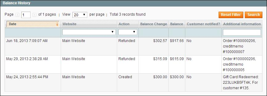 Chapter 8: Store Credit & Refunds Manage Customer Credit Update Balance Balance History The third section shows the balance history, timestamp, a description of the action, and the balance change.