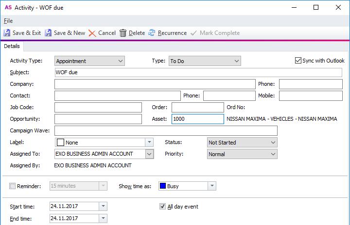 An Activities tab has been added to the main Fixed Assets window, where you can add and edit activities for the asset: An Asset field has
