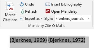 Merging a citation If you want to merge two citation fields into one, highlight both and then click on the Merge Citations button (which would have formerly read Insert Citation ).